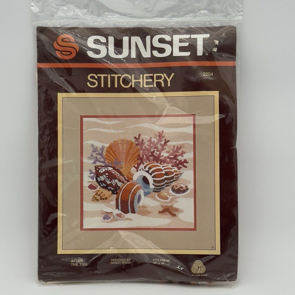 Vtg Sunset Stitchery Kit 2204 After The Tide 16x16 New 100 Percent Wool